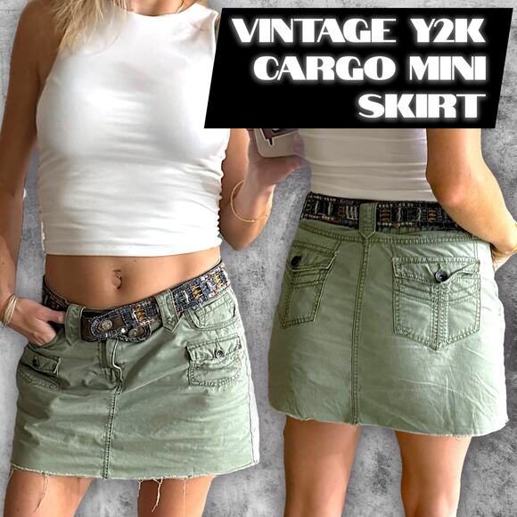 Faded Glory Olive Green Cargo Mini Skirt Raw Hem Y2K Utility Grunge Sz 4 - Picture 1 of 10
